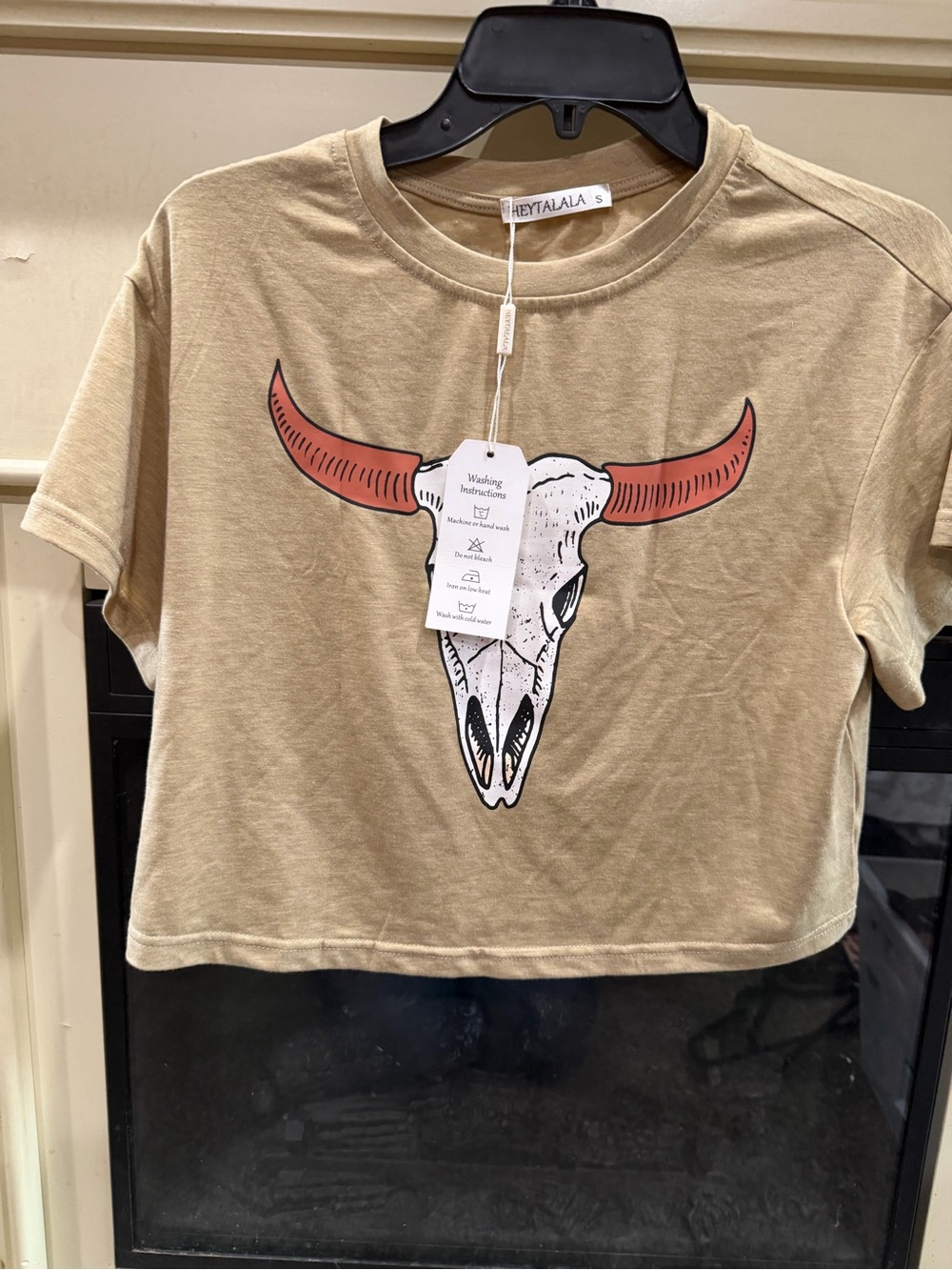 Alala Girls Beige Crop Tee with Rust Horn Bull Skull Graphic